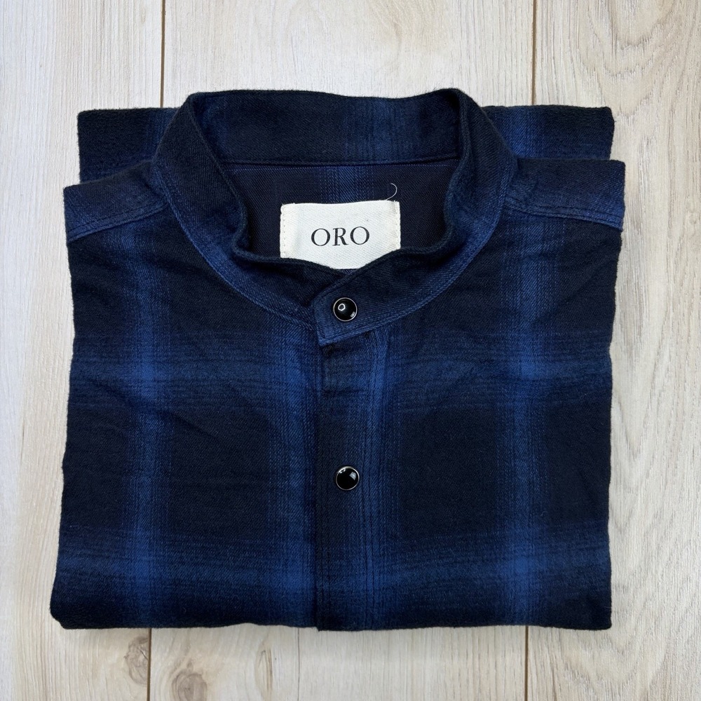 ORO Los Angeles Band Collar Pearl Snap Plaid Flannel Shirt Mens Medium Cotton